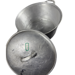 Cast aluminium sufuria size 3 open top view showing wide interior and fitted domed lid, Juakali Kenya