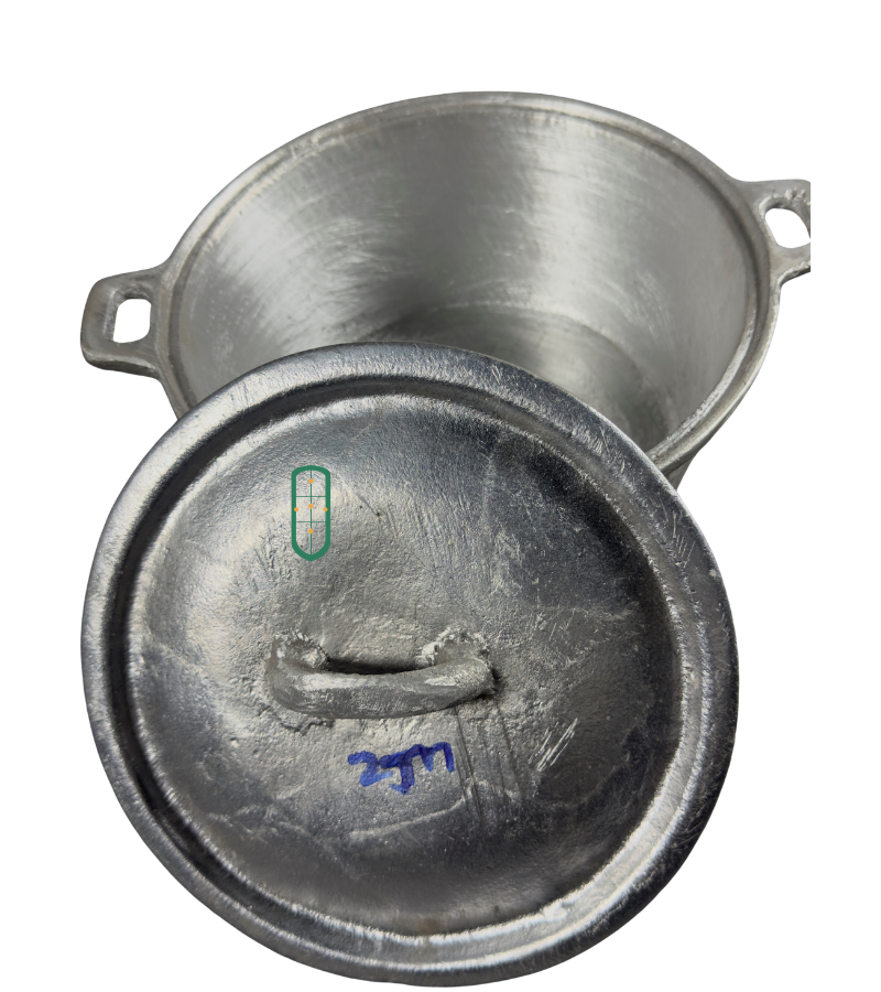Cast aluminium sufuria size 2 angled open view showing loop handles and thick cast walls, handmade Kenya