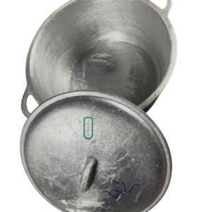 Cast aluminium sufuria size 4.5 open top view showing wide deep interior and heavy domed lid, Juakali Kenya
