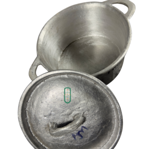 Cast aluminium sufuria size 1 open top view showing thick cast interior and fitted domed lid, Juakali Kenya