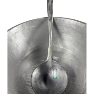 Large cast aluminium serving spoon inside sufuria showing scale of handle and bowl size, Juakali Kenya