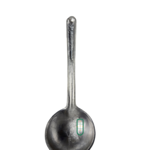 Medium cast aluminium serving spoon full length view showing ridged handle and deep round bowl, Juakali Kenya