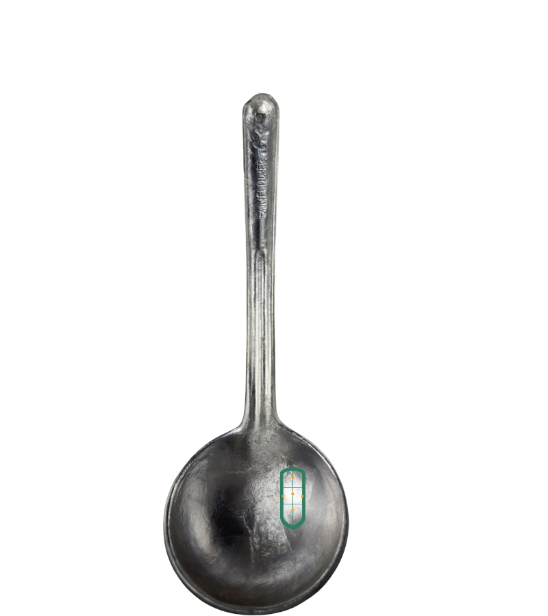 Medium cast aluminium serving spoon full length view showing ridged handle and deep round bowl, Juakali Kenya