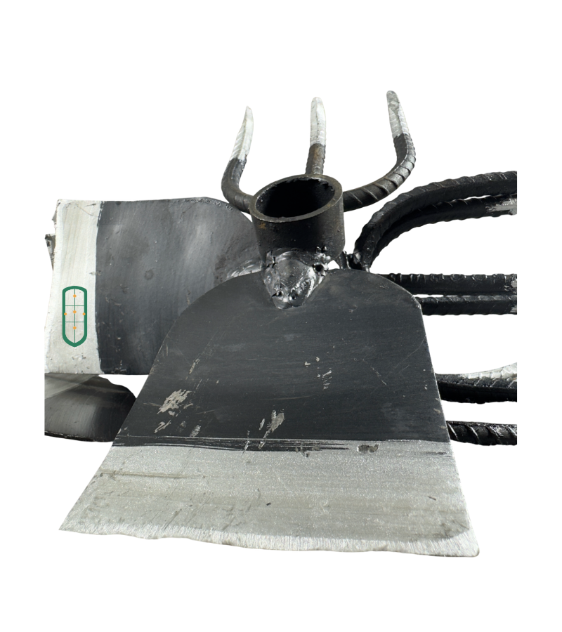 Combined jembe angled view showing dual hoe blades and fork tines construction, handmade Kenya