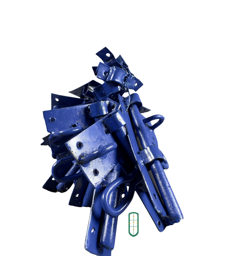 Inside door bolt latch angled view showing fixing holes and blue powder coat finish, handmade Kenya