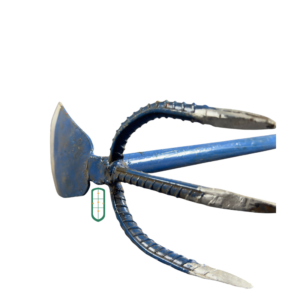 Small fork jembe front view showing three curved rebar tines and flat blade, Juakali Kenya
