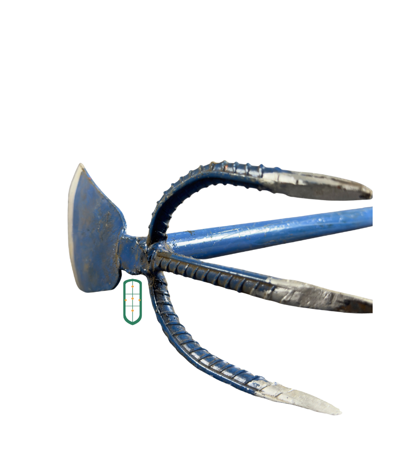 Small fork jembe front view showing three curved rebar tines and flat blade, Juakali Kenya