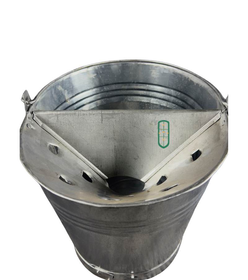 Galvanised mop bucket side view showing wringer insert and carry handle, Juakali made in Kenya