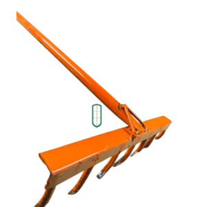 Large orange garden rake front view showing wide steel head and multiple tines, Juakali Kenya