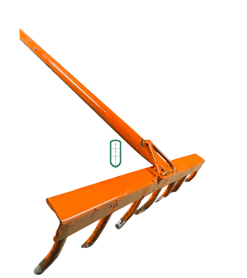 Large orange garden rake front view showing wide steel head and multiple tines, Juakali Kenya