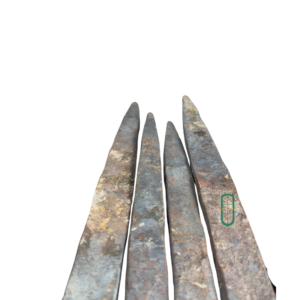Set of 4 steel tindo ground pegs showing sharp pointed tips, Juakali handmade Kenya