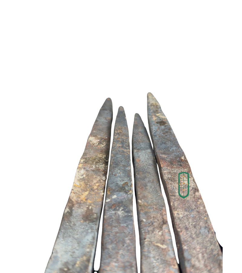 Set of 4 steel tindo ground pegs showing sharp pointed tips, Juakali handmade Kenya