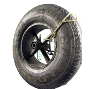 Wheelbarrow wheel angled view showing full tyre profile and spoke rim construction, Kenya